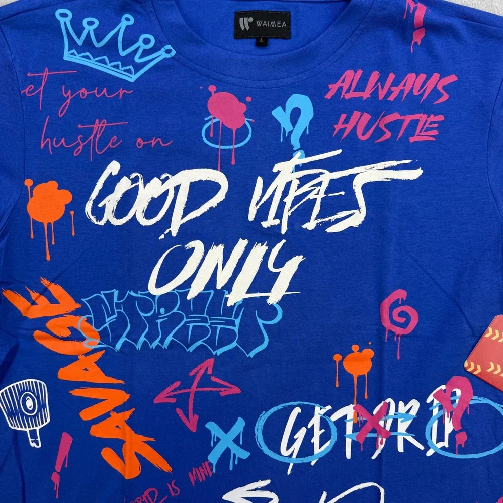 Waimea T‎ Shirt Mens Large Blue Graffiti Good Vibes Only Savage Streetwear Tee